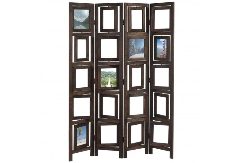 Paravent 4 panneaux marron en bois avec porte photos 160x125cm PAR04029