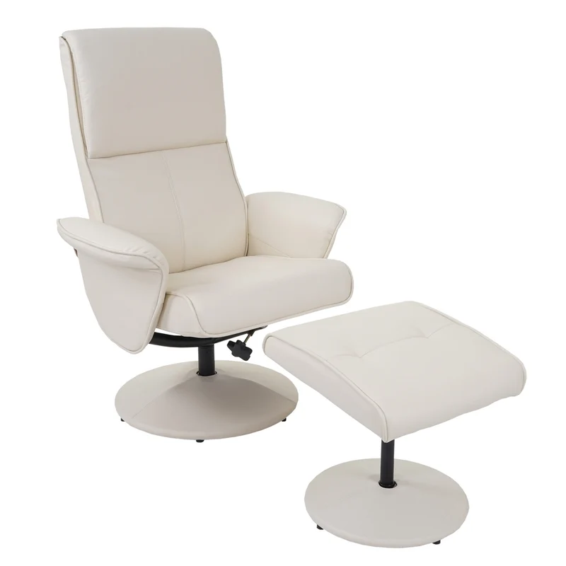 Fauteuil TV de relaxation pivotant avec tabouret rembourrage confortable et au dossier haut en synthétique crème 04_0003106
