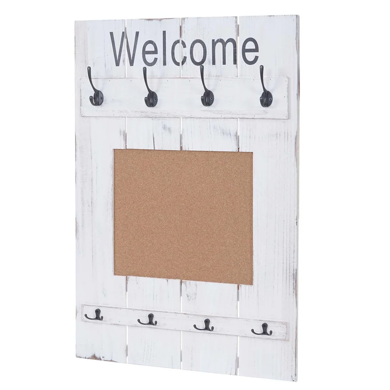 Porte-manteau mural panneau d'affichage style vintage avec 8 crochets 91x60cm en bois blanc vieilli 04_0000998