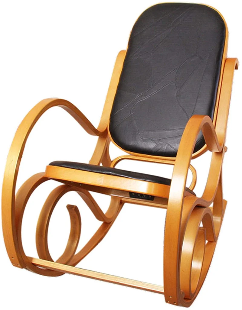 Fauteuil à bascule rocking chair en bois clair assise en cuir noir FAB040009