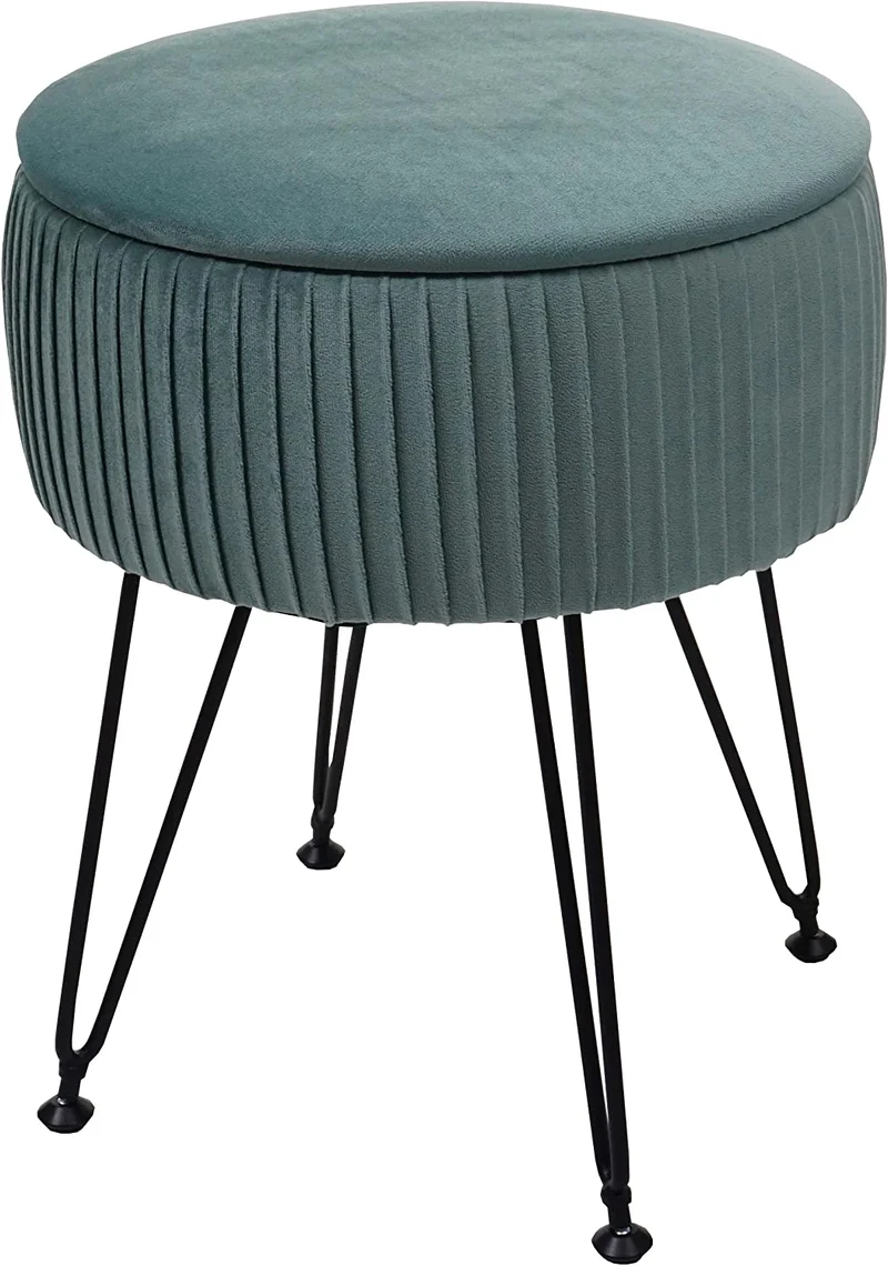 Tabouret avec compartiment de rangement Ø 33cm aspect velours vert clair cadre noir TABO04015