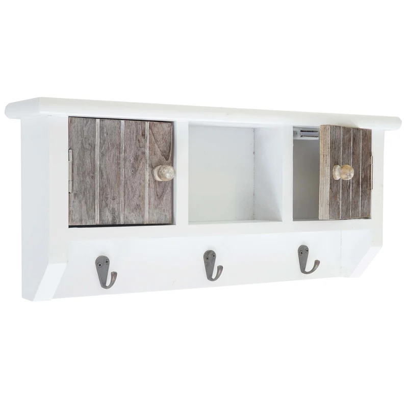Porte-clés mural avec 3 crochets et étagère meuble d'entrée en bois massif marron style vintage marron blanc 04_0003591