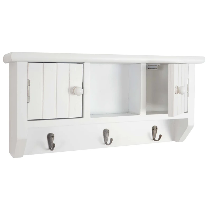 Porte-clés meuble d'entrée mural avec portes et étagère en bois massif blanc 04_0003586