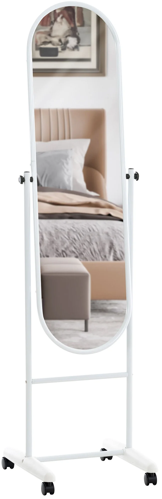Miroir sur pieds avec roulettes forme ovale 113 x 33 cm en métal blanc 10_0003724