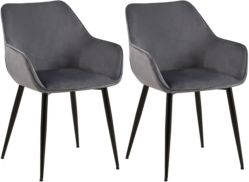 Lot de 2 chaises de salle à manger bureau salle d'attente en tissu velours gris foncé et métal noir 10_0001582