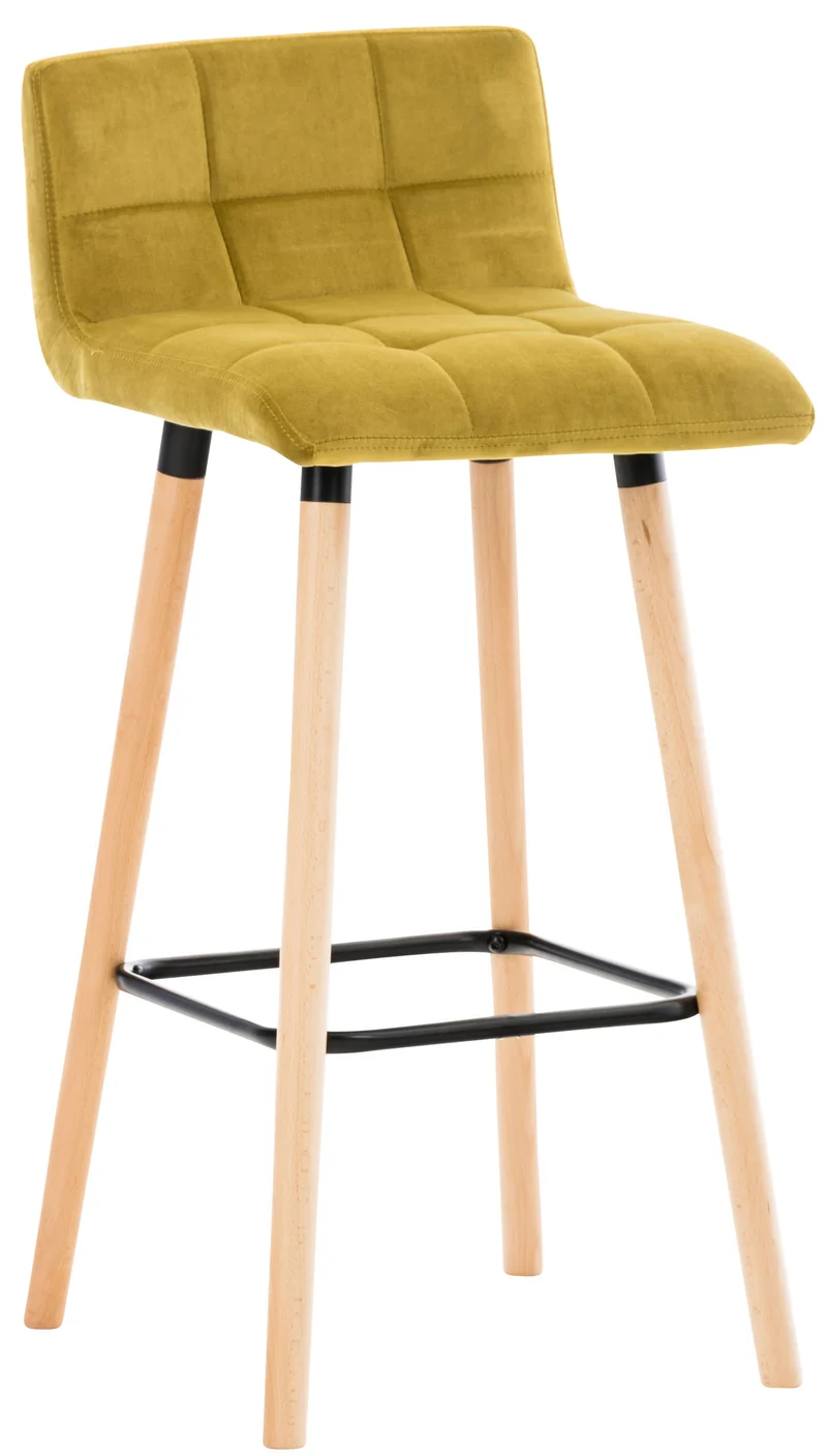 Tabouret de bar en velours jaune coutures décoratives pieds en bois avec repose-pieds 10_0000703