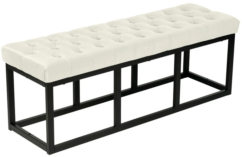 Banquette banc bout de lit longueur 120 cm en velours capitonné en velours crème et métal noir 10_0003667