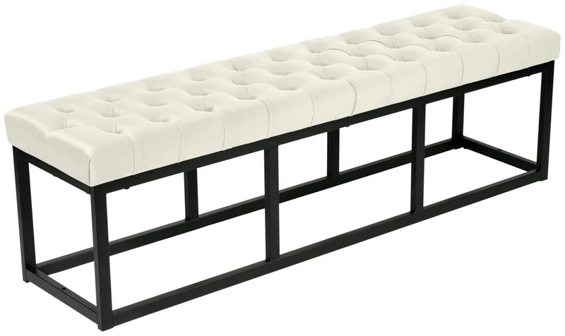 Banquette banc bout de lit longueur 150 cm en velours capitonné en velours crème et métal noir 10_0003669