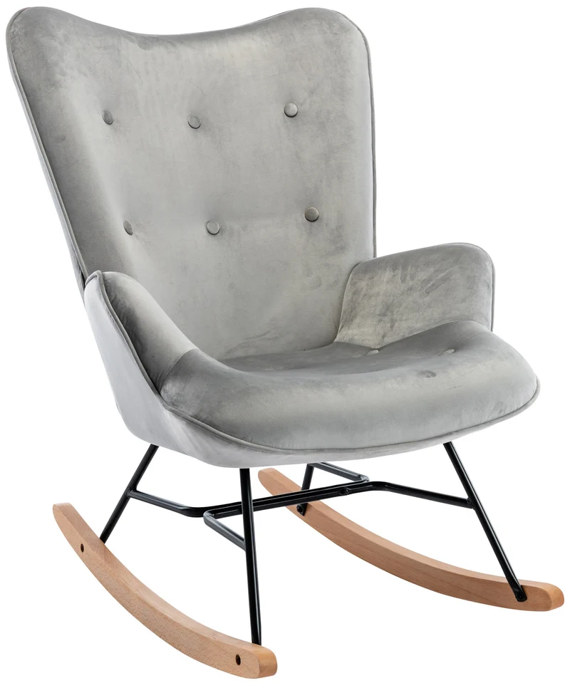 Fauteuil à bascule rocking chair bouton décoratif en tissu velours gris clair confortable et design FAB10072