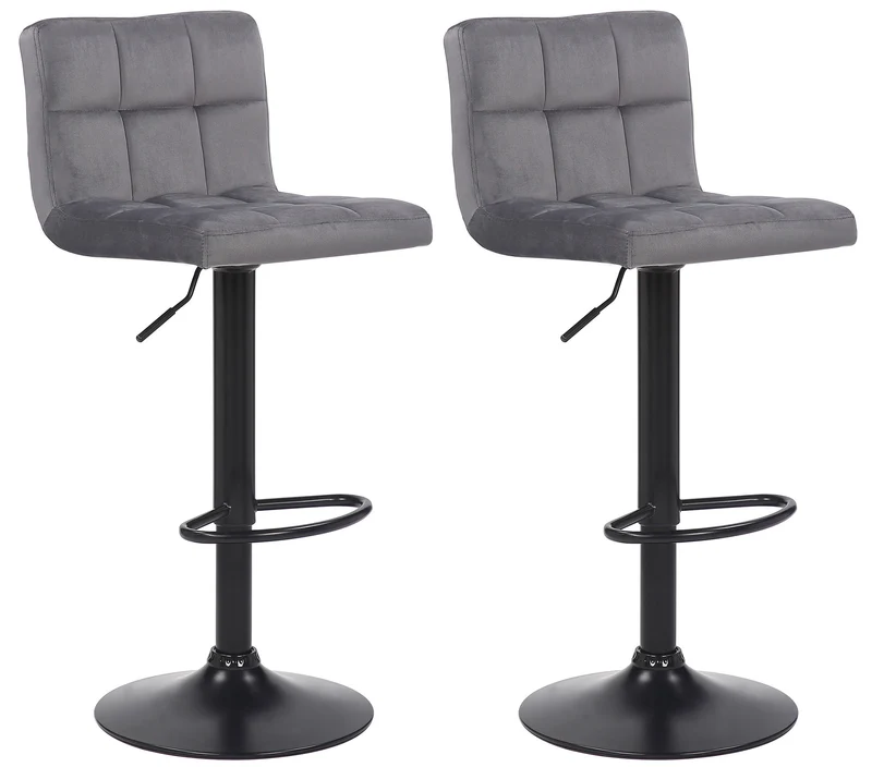 Lot de 2 tabourets de bar en velours gris coutures décoratives piètement métal noir 10_0004144