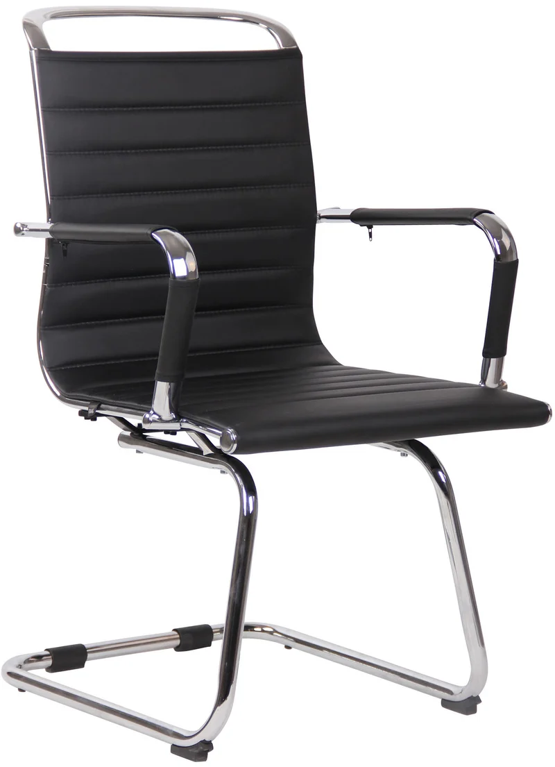 Chaise de bureau fauteuil sans roulettes piétement luge en métal chromé assise en PVC noir 10_0003258