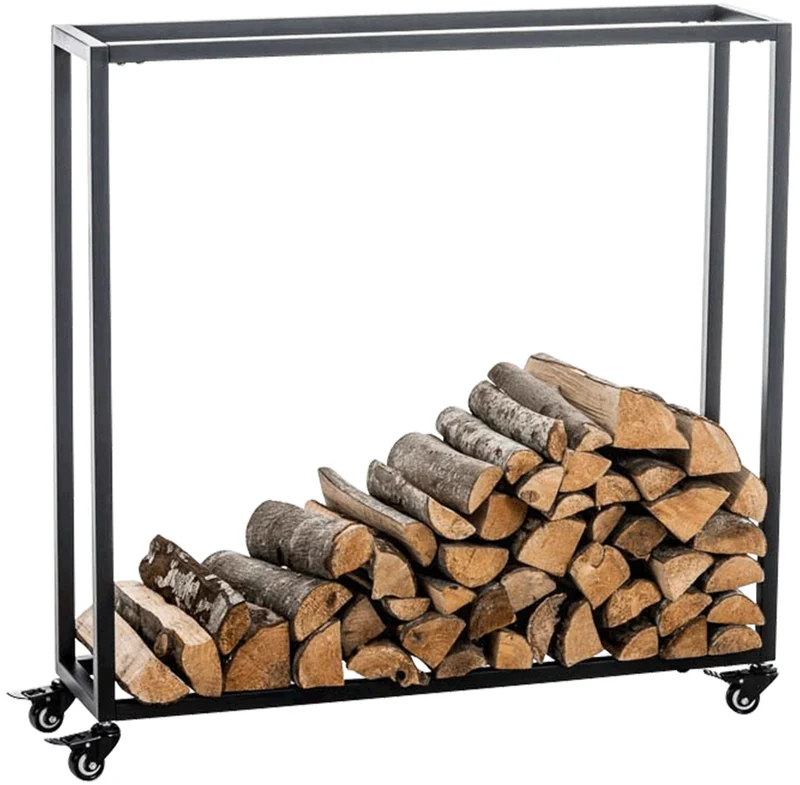 Range-bûches étagère support bois de cheminée sur roulettes 100x100x25 cm en métal noir 10_0003526
