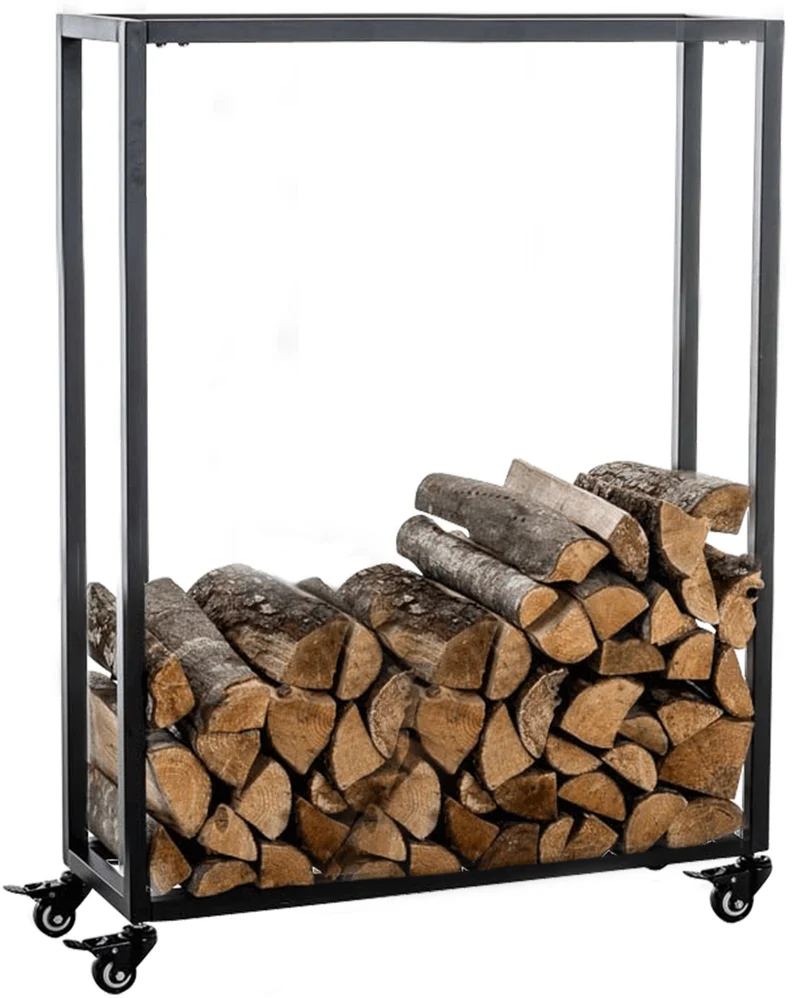 Range-bûches étagère support bois de cheminée sur roulettes 100x60x25 cm en métal noir 10_0003530
