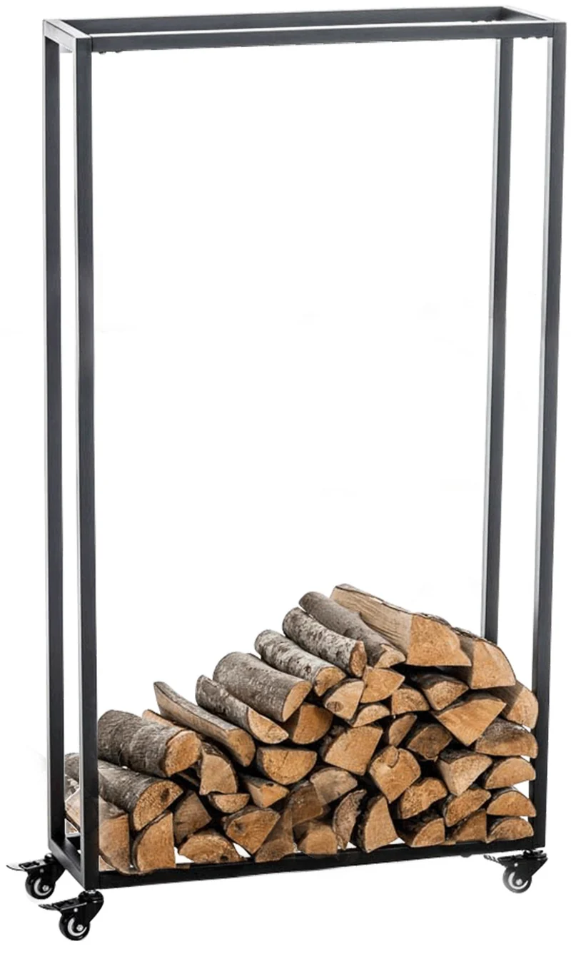 Range-bûches étagère support bois de cheminée sur roulettes 150x60x25 cm en métal noir 10_0003531