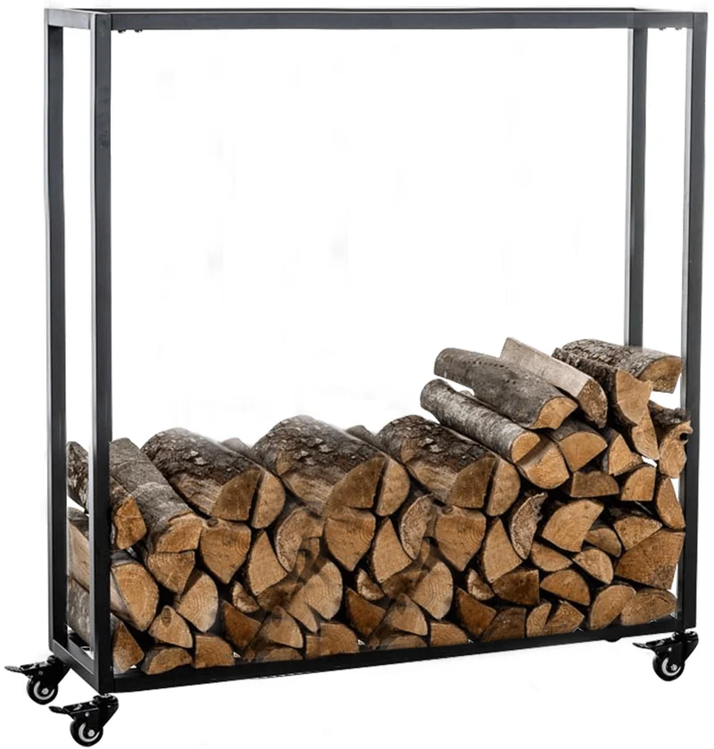 Range-bûches étagère support bois de cheminée sur roulettes 100x80x25 cm en métal noir 10_0003532