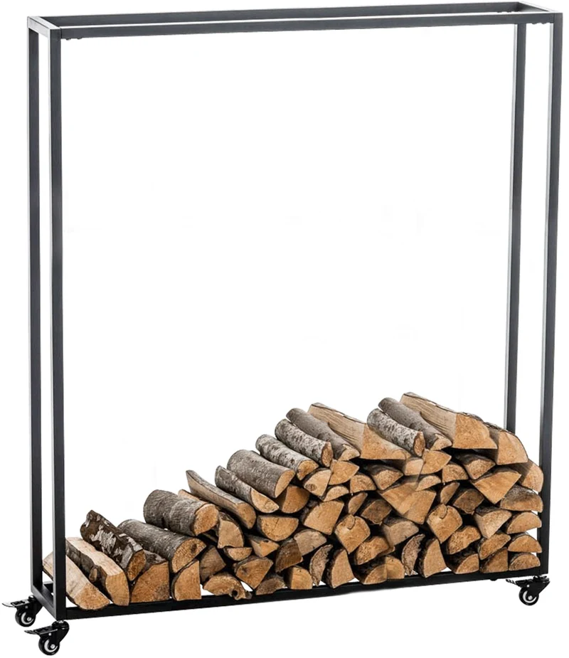 Range-bûches étagère support bois de cheminée sur roulettes 150x100x25 cm en métal noir 10_0003527