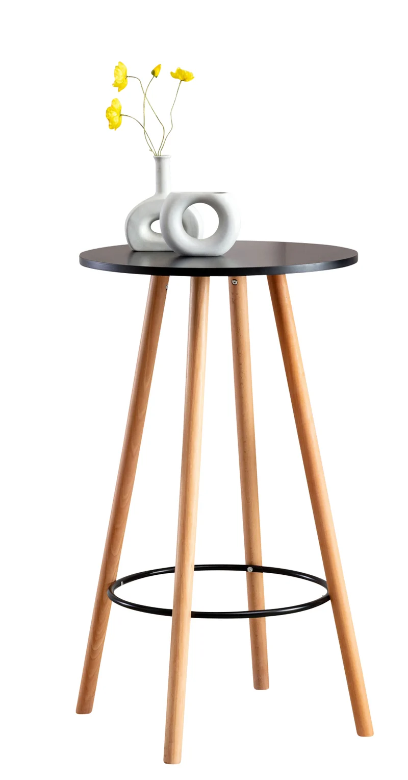 Table haute de bar avec plateau rond repose-pieds circulaire métallique plateau en bois noir 10_0005526