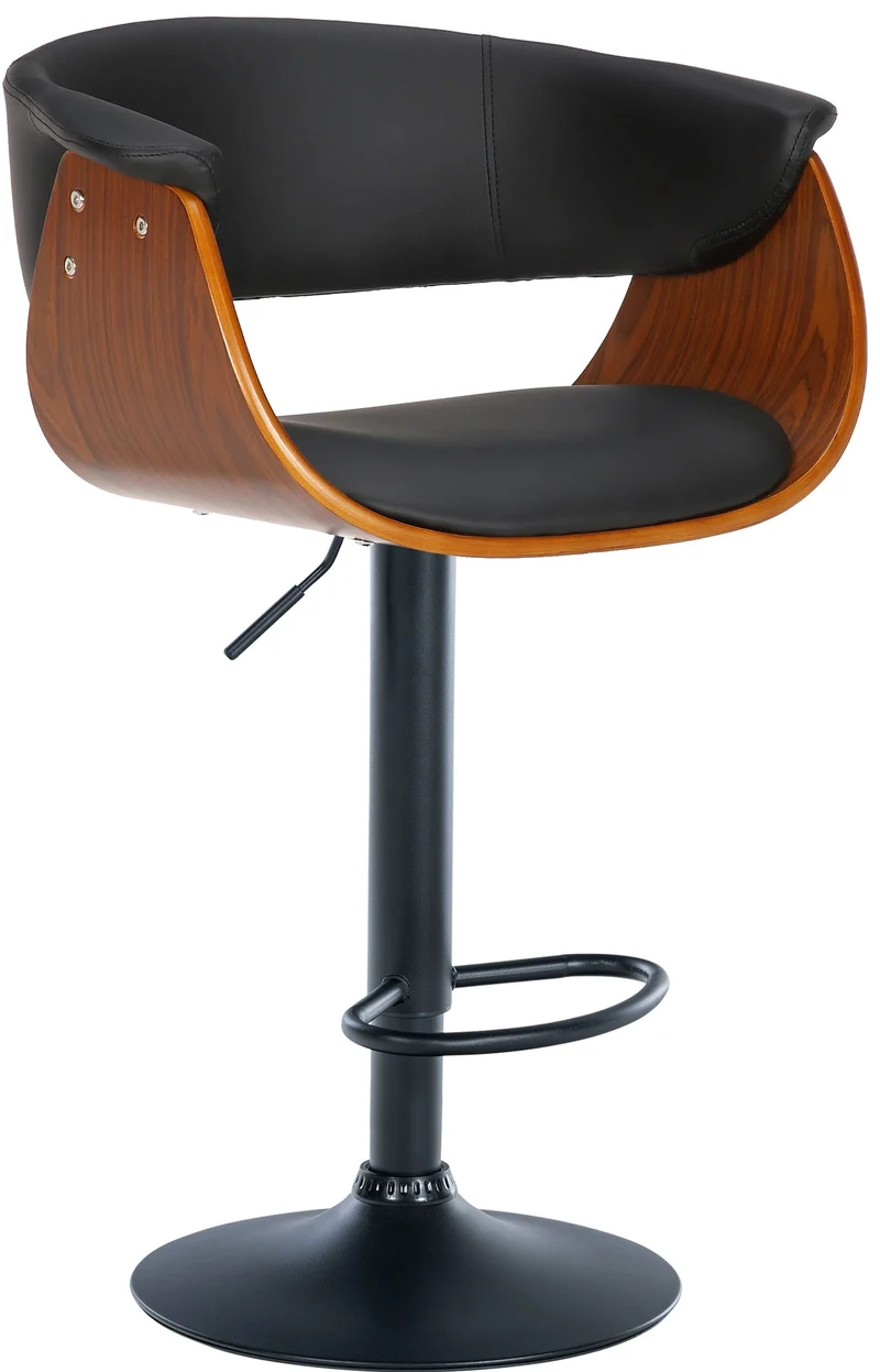 Tabouret de bar design moderne siège réglable en hauteur et pivotant en PVC noir coque en bois et métal noir 10_0005452