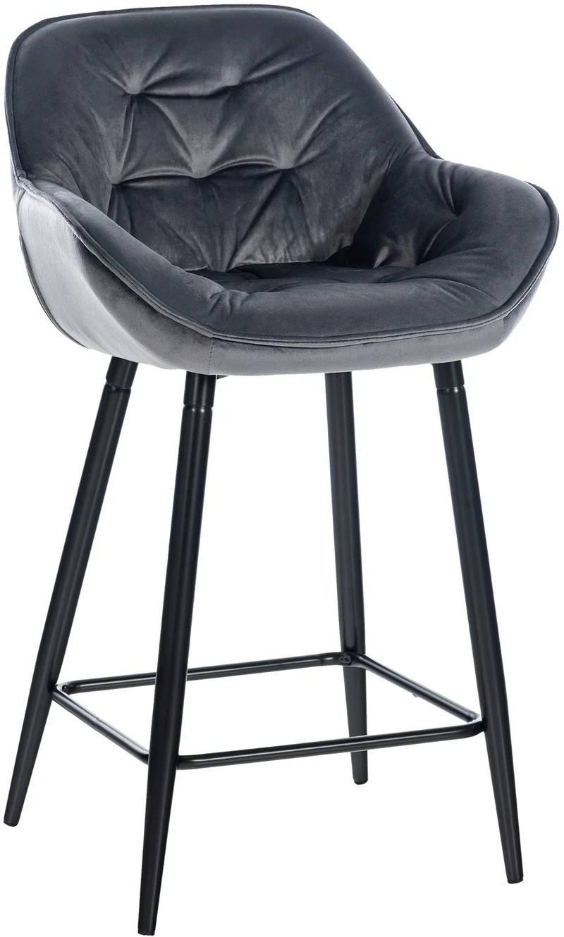 Tabouret de bar chaise haute x1 assise effet capitonnée en velours gris foncé et métal noir 10_0004892