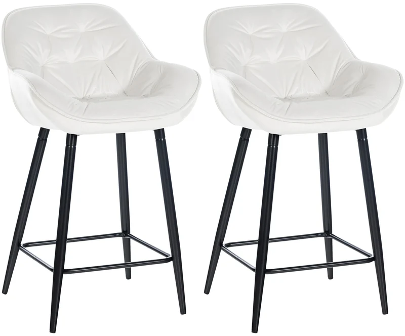 Lot de 2 tabourets de bar chaises hautes assise effet capitonnée en velours blanc crème et métal noir 10_0004151