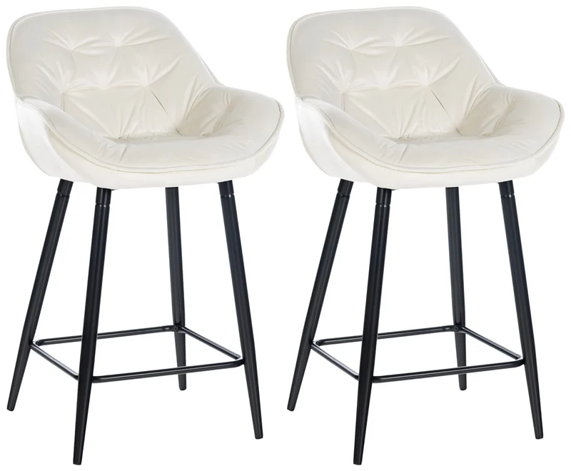 Lot de 2 tabourets de bar chaises hautes assise effet capitonnée en velours crème et métal noir 10_0004163