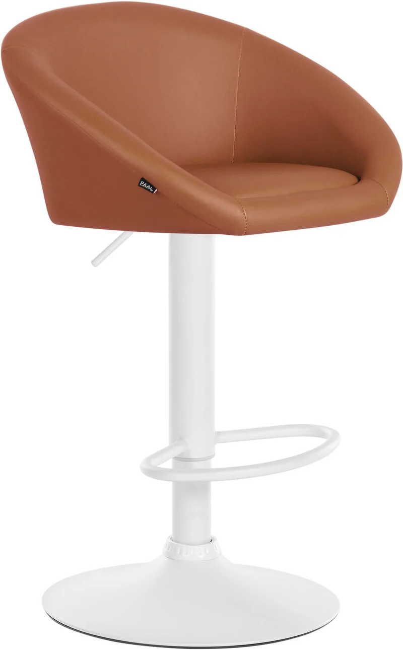 Tabouret de bar assise pivotante à 360° hauteur réglable en PVC marron piètement en métal blanc 10_0004772