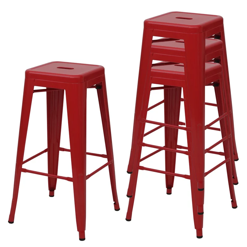 Lot de 4 tabourets de bar comptoir chaise de bar design industriel empilable en métal rouge 04_0005228