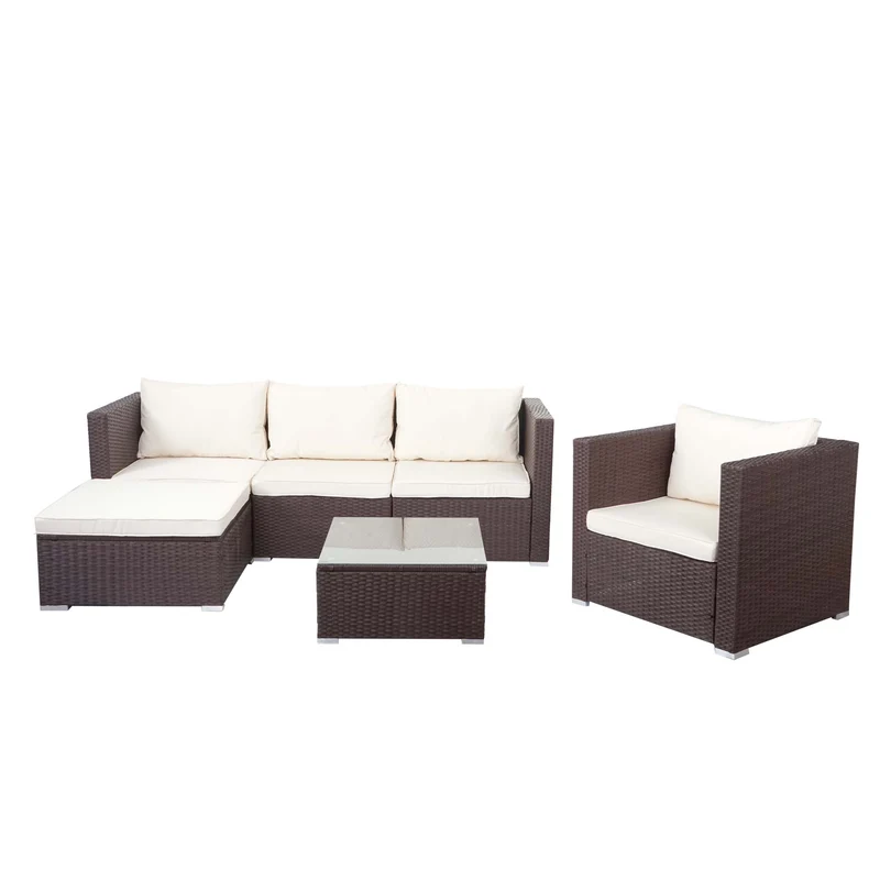 Ensemble salon de jardin canapé-salon table polyrotin marron et coussin crème 04_0004227