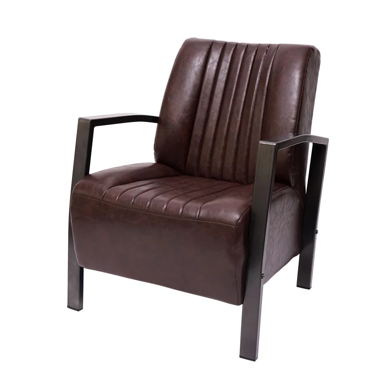 Fauteuil chaise lounge rembourrée avec accoudoirs relaxation design industriel en métal et PVC marron vintage 04_0003121