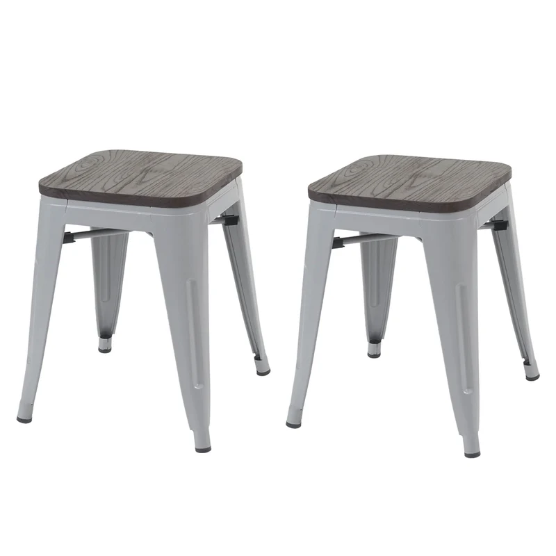 Lot de 2 tabourets bas assise en bois empilable en métal design industriel en métal gris 04_0000500