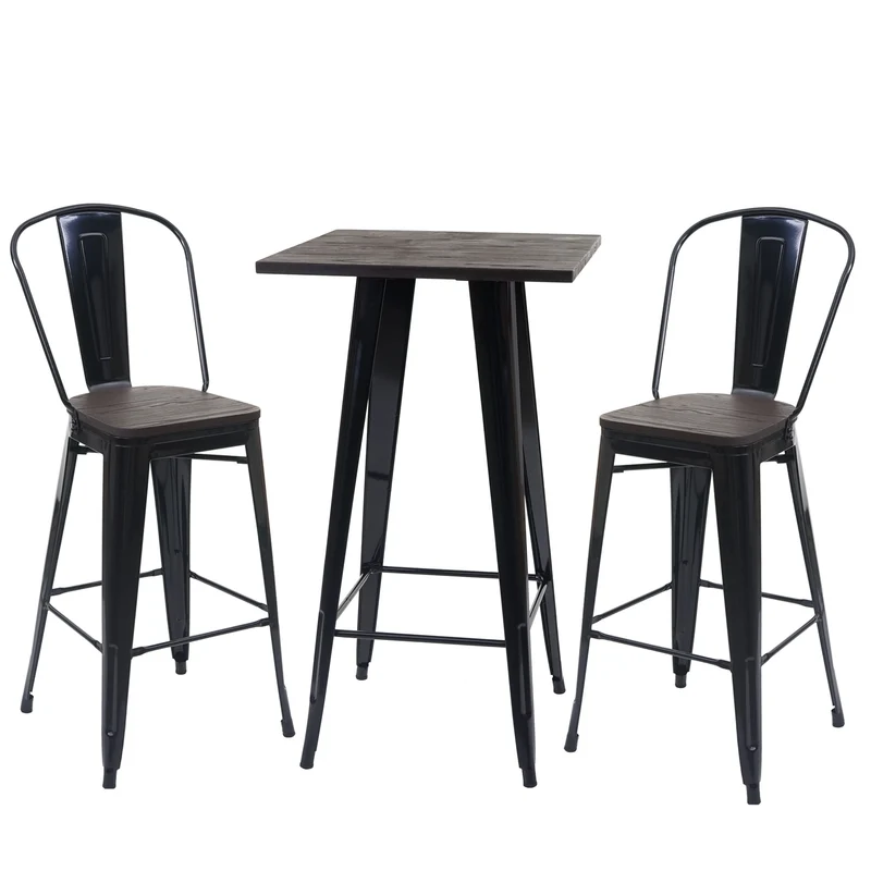Set table de bar avec 2x tabourets de bar plateau en bois design industriel en métal noir 04_0003070