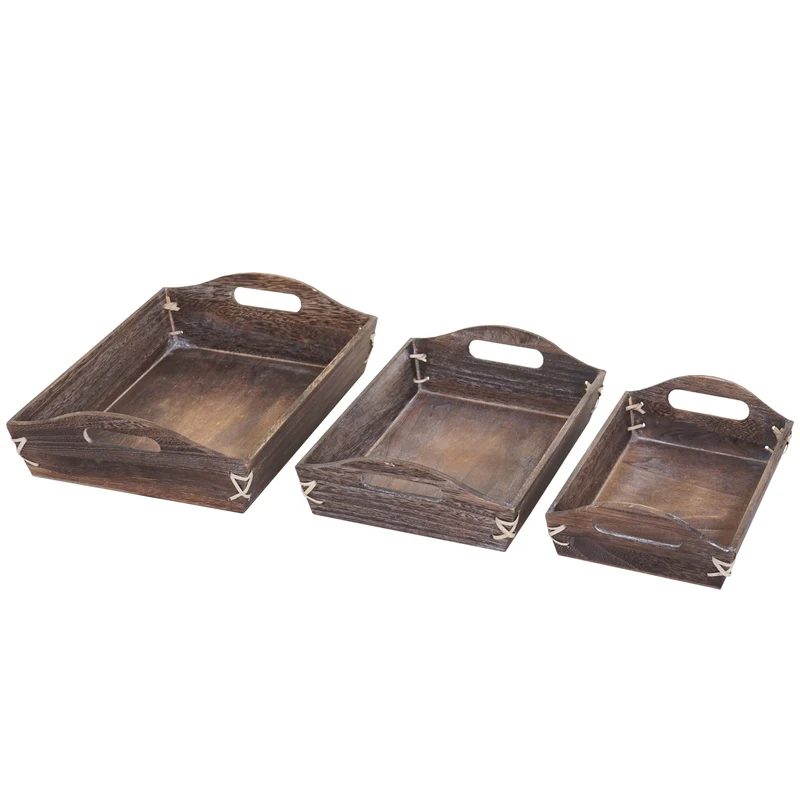 Lot de 3 plateaux de service petit-déjeuner empilable en bois marron vieilli 04_0003000