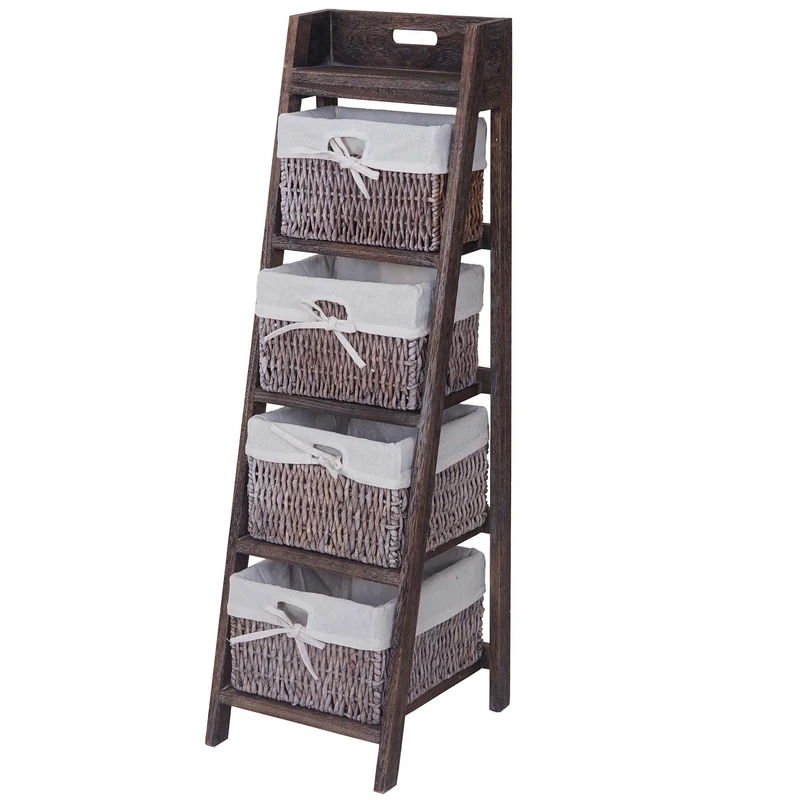 Étagère échelle sur pied avec 4 paniers 101x30cm en bois marron vieilli vintage 04_0002546