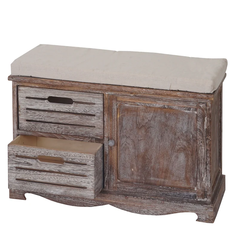 Banc banquette commode avec coussin design vintage 49x71x32cm en bois marron vieilli 04_0001159