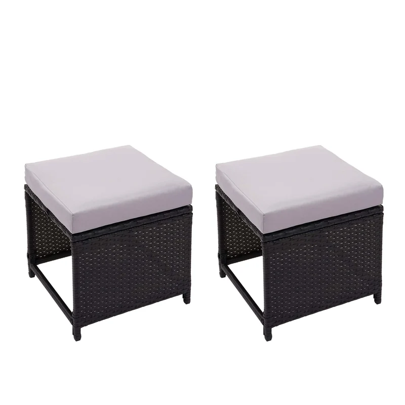 Lot de 2 tabourets bas de jardin en polyrotin noir coussins gris clair 04_0000505