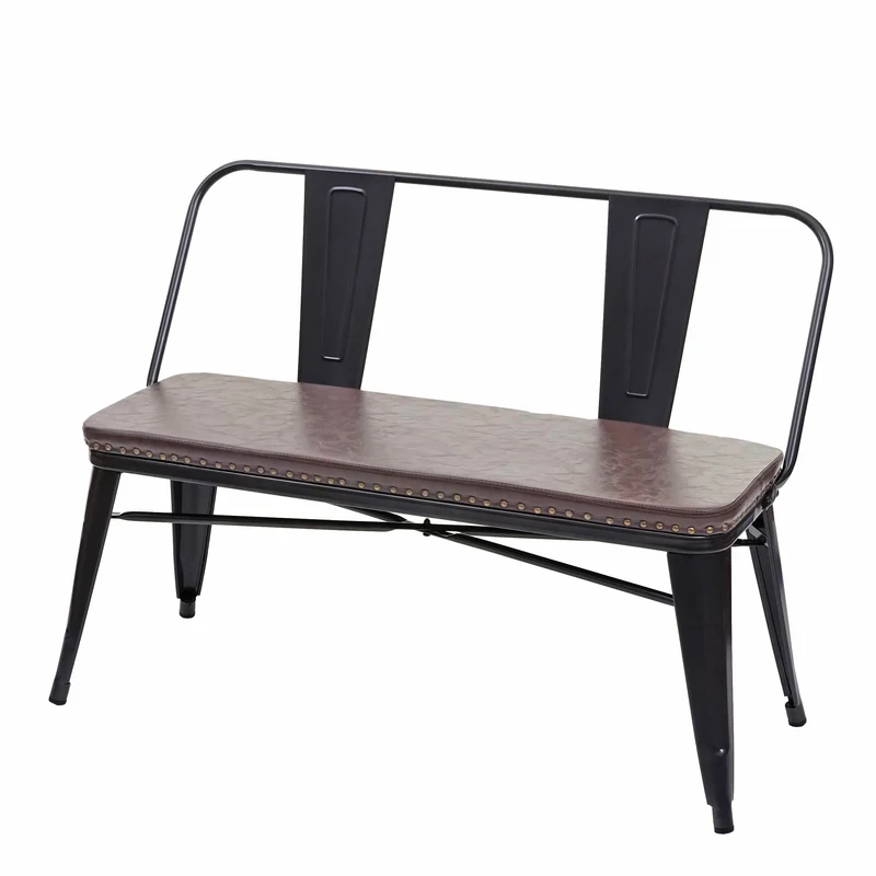Banc avec dossier 2 places salle à manger design industriel en PVC brun et métal noir 04_0000063