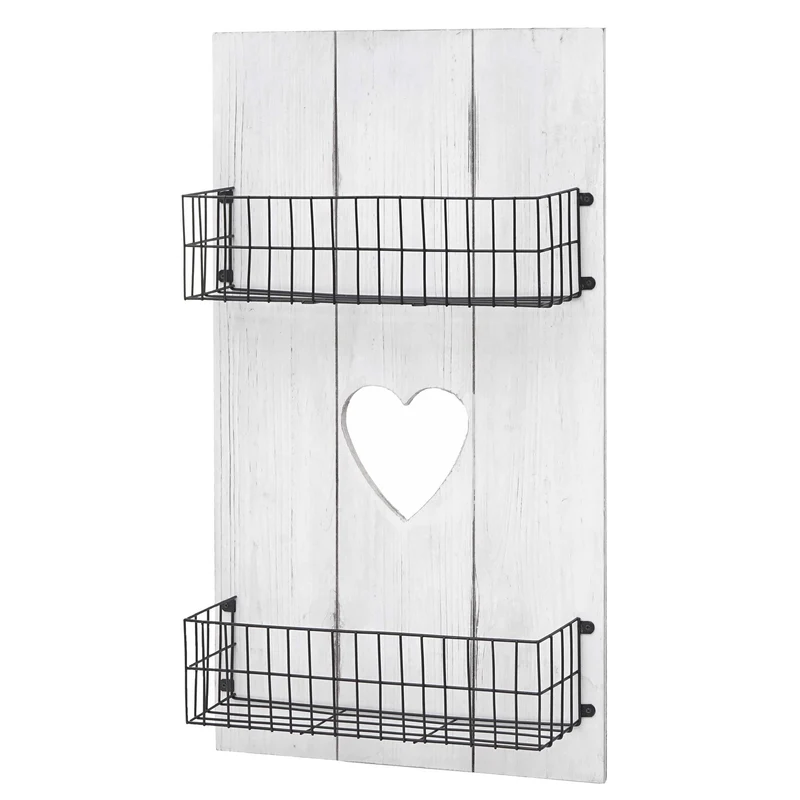 Étagère murale avec paniers de rangement en bois blanc vieilli 70x40x10cm 04_0005179