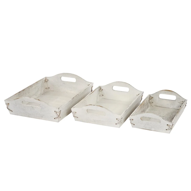 Ensemble de 3 plateaux de service petit-déjeuner empilables en bois blanc vieilli vintage 04_0002999