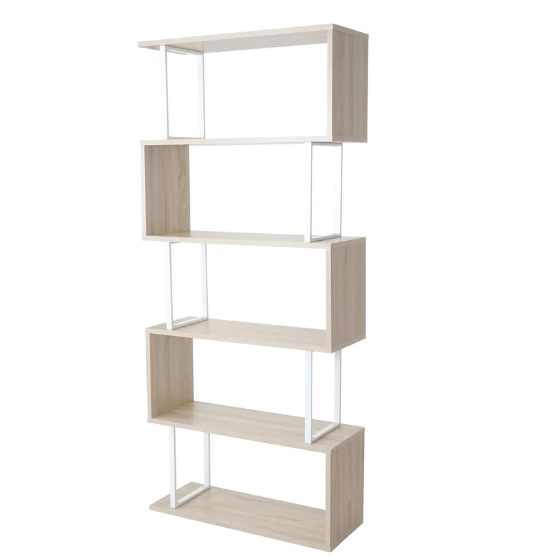 Bibliothèque étagère sur pied 183x80cm structure 3D 5 niveaux aspect chêne métal blanc 04_0001280