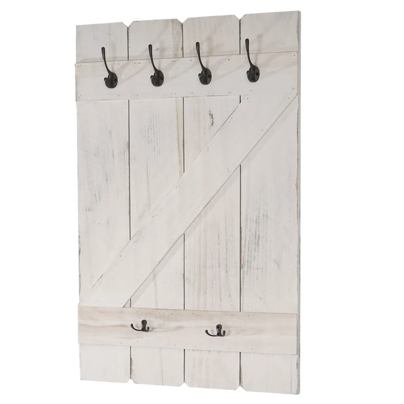 Porte-manteau mural panneau avec 6 crochets 91x60cm en bois blanc vieilli 04_0001012