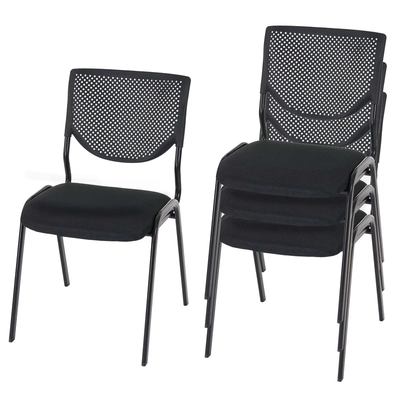 Lot de 4 chaises de bureau sans roulettes conférence réunion empilable en tissu maille noir 04_0000550