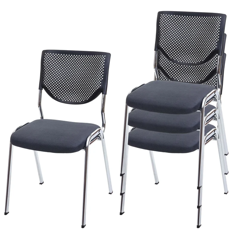 Lot de 4 chaises de bureau sans roulettes conférence réunion empilable en tissu maille gris 04_0000549
