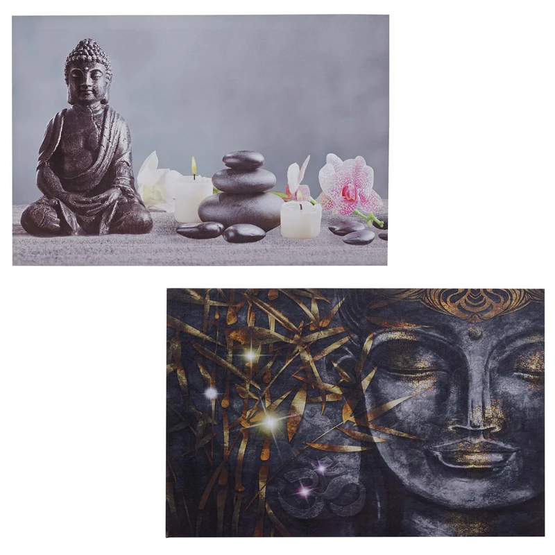 Lot de 2 tableaux LED lumineux tableau mural 40x60 cm minuterie Bouddha + bougies 04_0000452