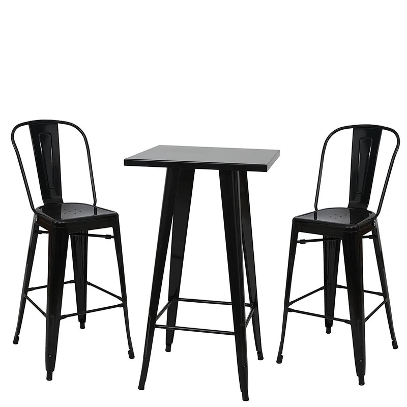 Ensemble table haute avec 2 tabourets de bar en métal noir style industriel TAB04009