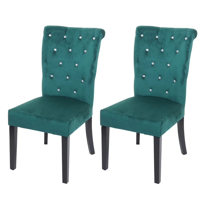 Lot de 2 chaises à manger cuisine en velours vert foncé avec décoration bouton cristal pieds bois noirs 04_0000354