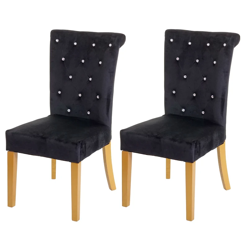 Lot de 2 chaises à manger cuisine en velours noir avec décoration bouton cristal pieds bois clairs 04_0000353