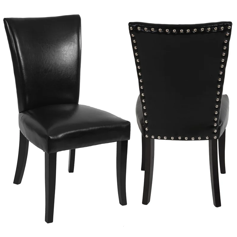 2x chaises à manger Chesterfield synthétique noir pieds foncés bouton sur dossier 04_0000325
