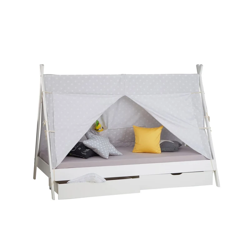 Lit tipi pour enfant avec sommier à lattes tissu et tiroirs de rangement en bois de pin blanc 90x200cm LIT06203