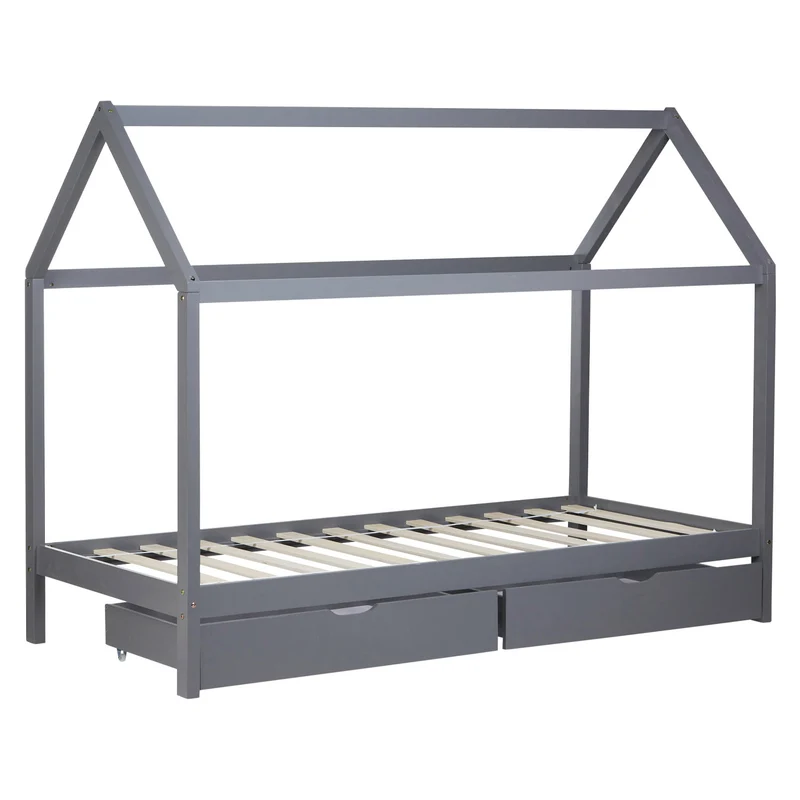 Lit cabane maison pour enfant avec sommier à lattes tissu et tiroirs de rangement en bois de pin gris 90x200cm LIT06206