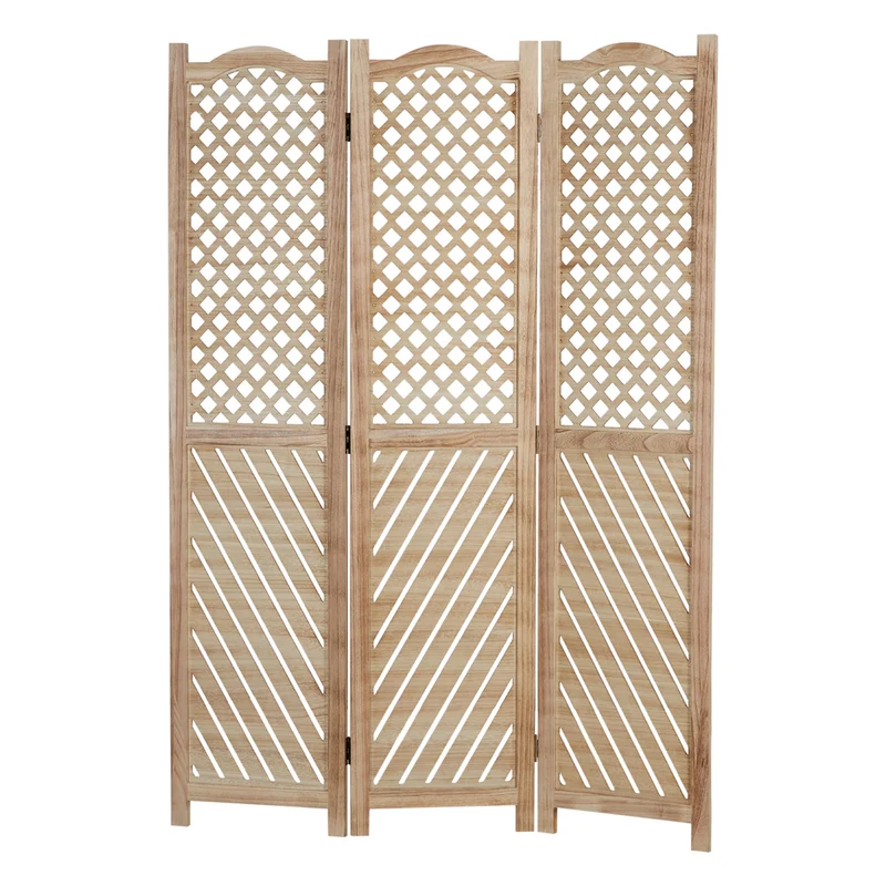 Paravent en 3 panneaux séparateur de pièce en bois naturel motif fraisé 170x120 cm PAR06093